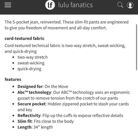 Men's Lululemon ABC Slim Pant Cord in Date Brown Size 32 - Picture 13 of 13